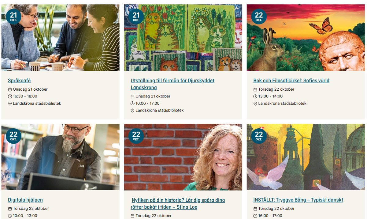 Evenemang i en evenemangskalender visas med rubrik, tid, datum och plats.