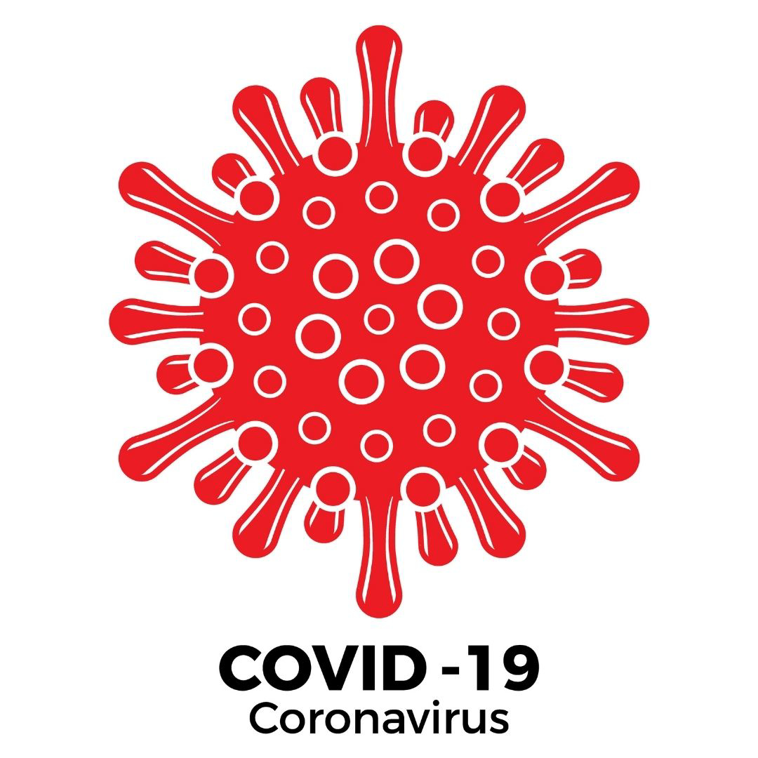 Illustration av ett coronavirus med texten covid-19 coronavirus