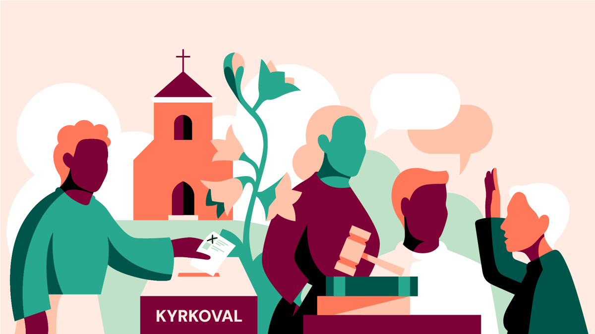 En man stoppar en valsedel i en valurna. Tre människor pratar med varandra.