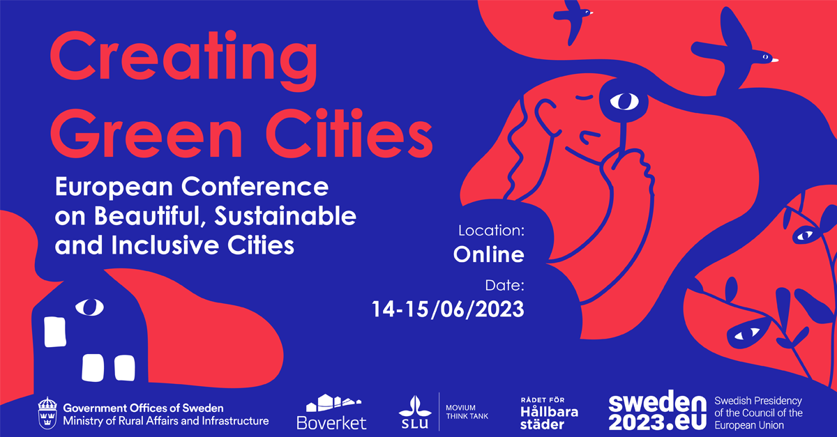 Illustration med texten Creating Green Cities - European Conference on Beautiful, Sustainable and Inclusive Cities.