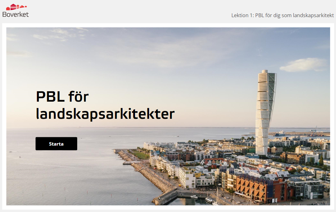 Skärmdump av webbutbildningens förstasida som visar flygbild av Malmö med turning torso.