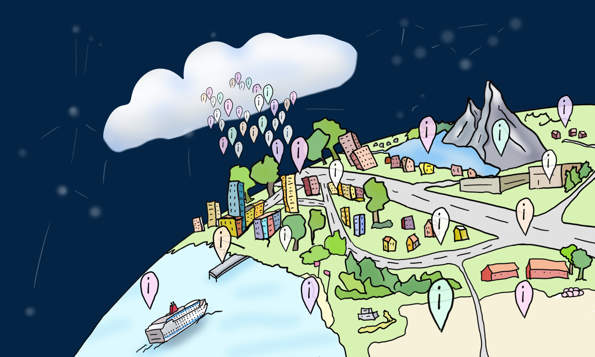 Illustration som visar oinformationspunkter från ett samhälle till ett moln.