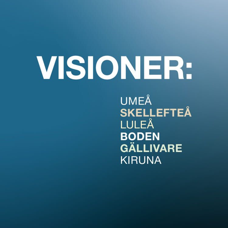 Blå tonplatta med vit text: Visioner: Umeå, Skellefteå, Luleå, Boden, Gällivare och Kiruna.