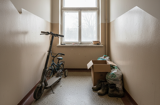 Trapphus med cyklar, lådor och skor ställts.