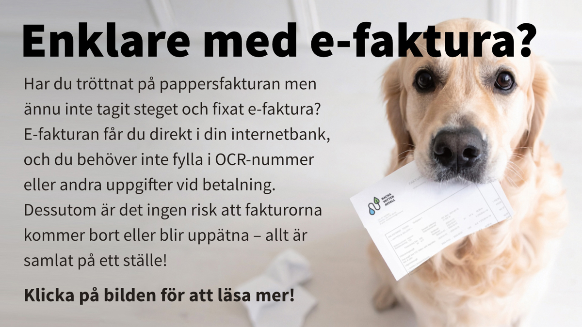 Bild på hund med trasig faktura i munnen. På bilden står följande: Har du tröttnat på pappersfakturan men ännu inte tagit steget och fixat e-faktura? E-fakturan får du direkt i din internetbank, och du behöver inte fylla i OCR-nummer eller andra uppgifter vid betalning. Dessutom är det ingen risk att fakturorna kommer bort eller blir uppätna – allt är samlat på ett ställe! Klicka på bilden för att läsa mer!