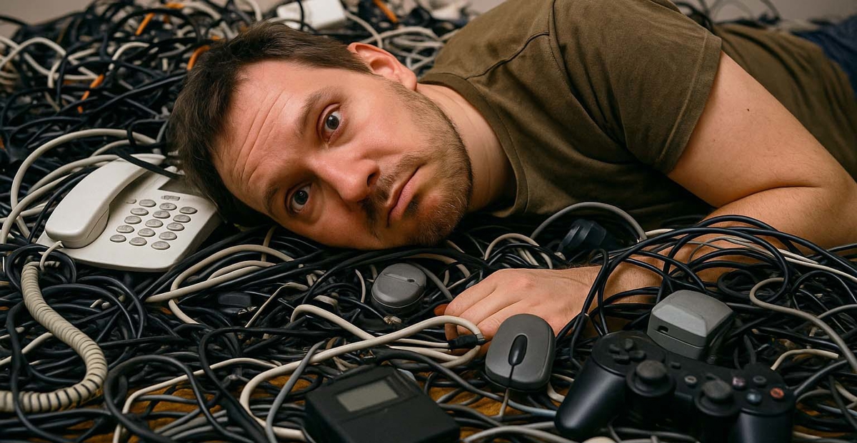 Man ligger i en hög med elektronikavfall